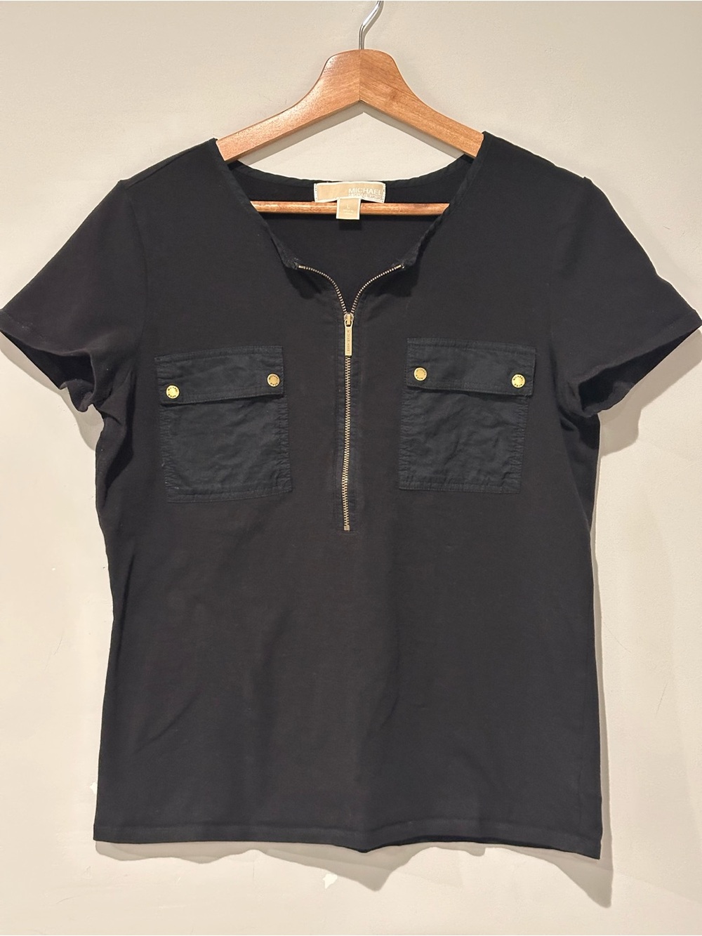 Michael Kors Black Short Sleeve Zipfront Pocket Tee